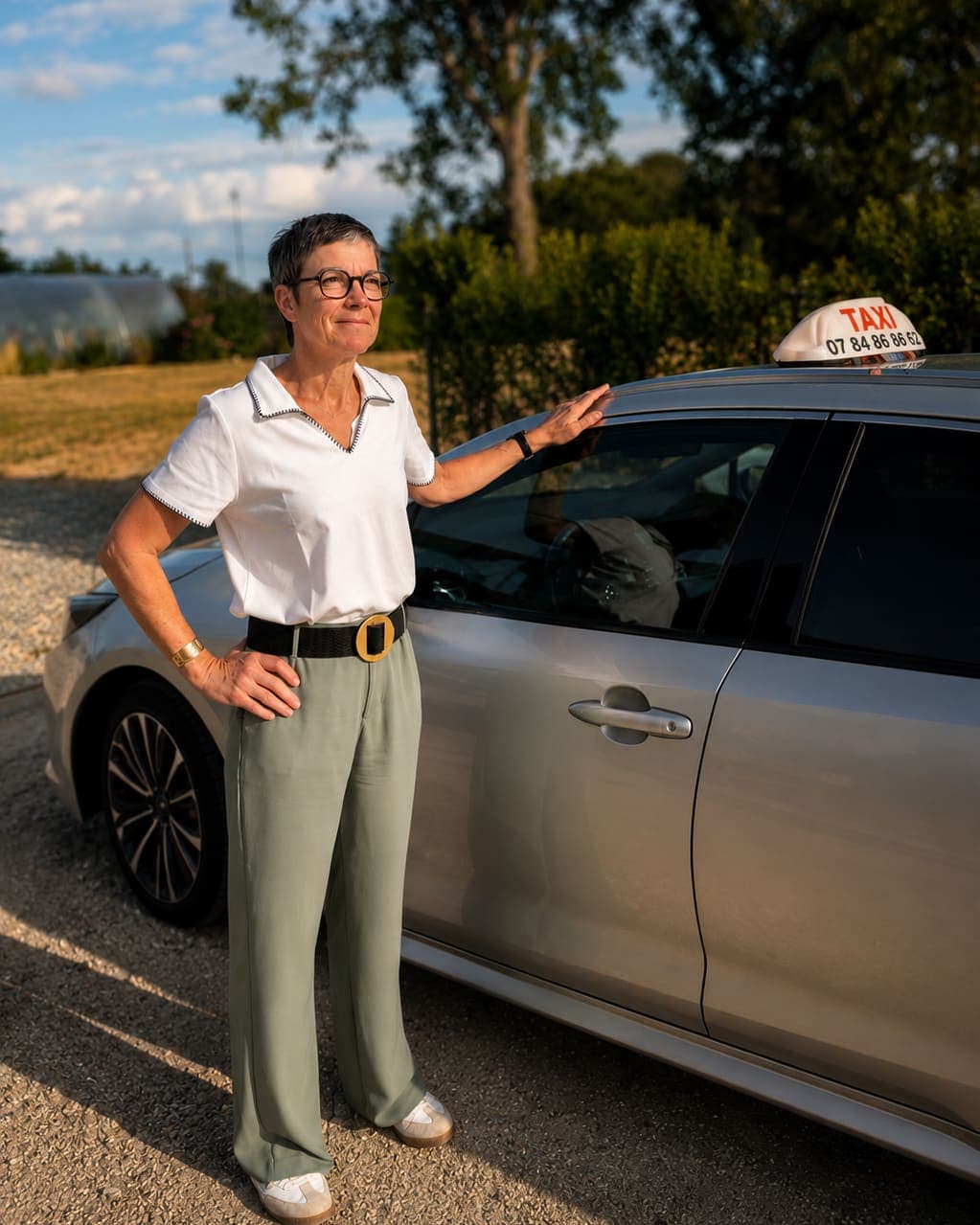 Merry Amodéo debout près de son taxi, la main sur le toit, au soleil couchant